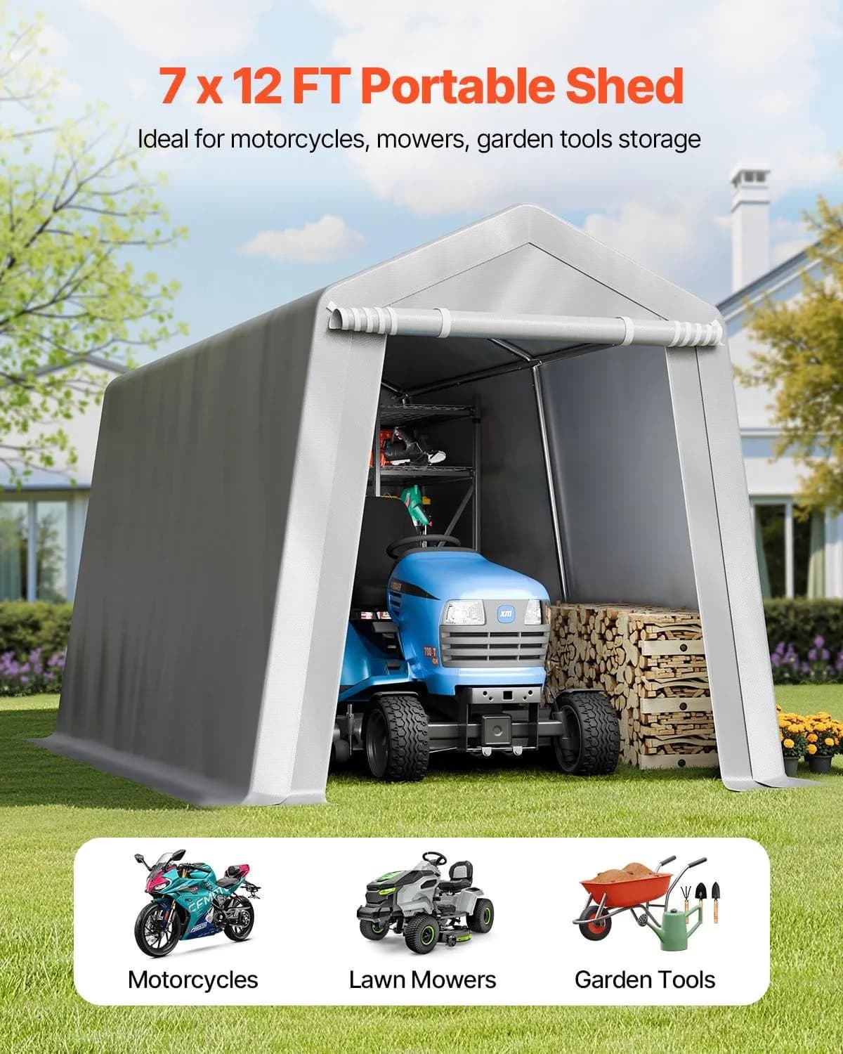 image-VEVOR Outdoor Storage Shed, 7 x 12 ft Portable Storage Tent with Roll-up Door, Waterproof Canopy Shed Shelter, Heavy Duty Frame, Patio Garage Carport for Motorcycle, Lawn Mower, Bike, Grey