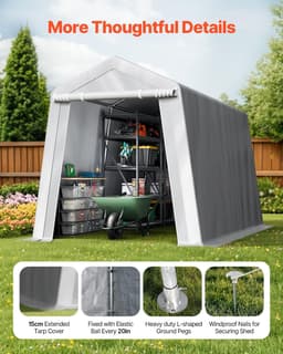 image-VEVOR Outdoor Storage Shed, 7 x 12 ft Portable Storage Tent with Roll-up Door, Waterproof Canopy Shed Shelter, Heavy Duty Frame, Patio Garage Carport for Motorcycle, Lawn Mower, Bike, Grey