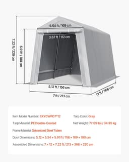 image-VEVOR Outdoor Storage Shed, 7 x 12 ft Portable Storage Tent with Roll-up Door, Waterproof Canopy Shed Shelter, Heavy Duty Frame, Patio Garage Carport for Motorcycle, Lawn Mower, Bike, Grey