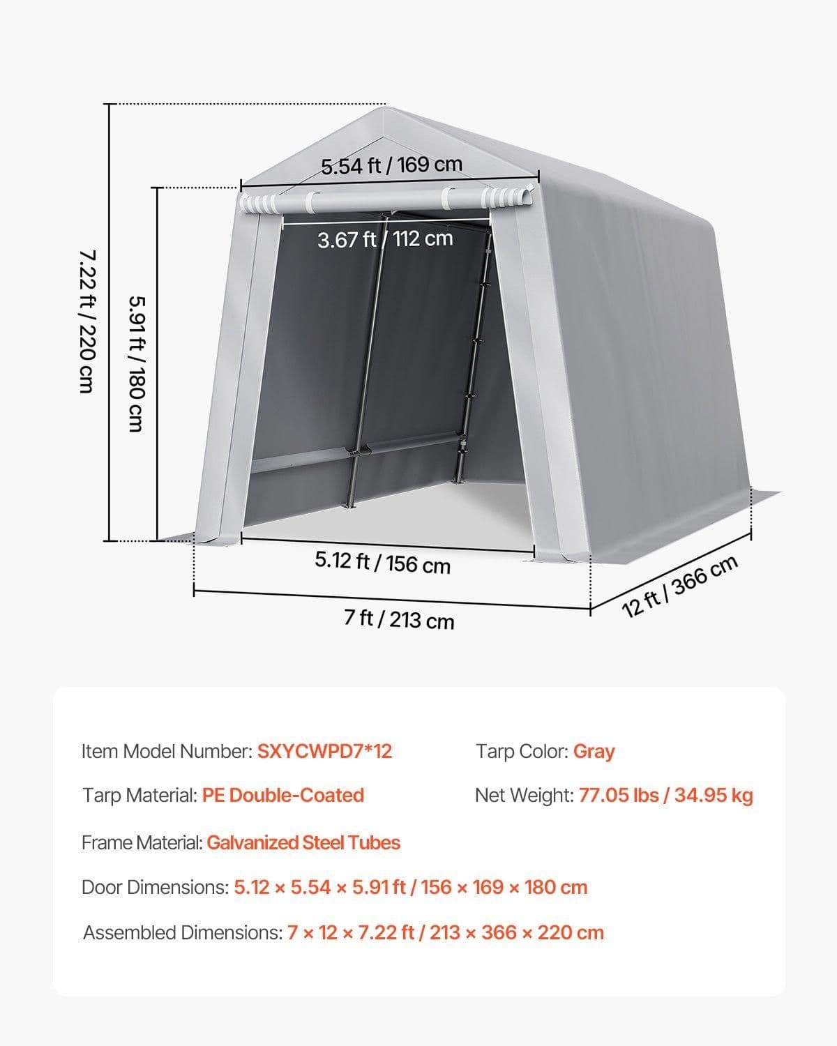 image-VEVOR Outdoor Storage Shed, 7 x 12 ft Portable Storage Tent with Roll-up Door, Waterproof Canopy Shed Shelter, Heavy Duty Frame, Patio Garage Carport for Motorcycle, Lawn Mower, Bike, Grey