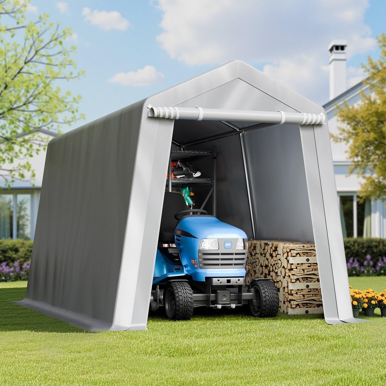 image-VEVOR Outdoor Storage Shed, 7 x 12 ft Portable Storage Tent with Roll-up Door, Waterproof Canopy Shed Shelter, Heavy Duty Frame, Patio Garage Carport for Motorcycle, Lawn Mower, Bike, Grey