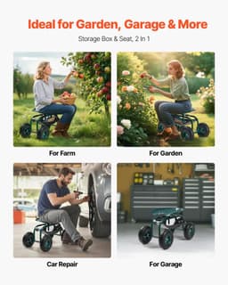 image-VEVOR Rolling Garden Cart with Swivel Seat, Heavy Duty Garden Seat with Storage Basket & Tool Tray, 300 lbs Weight Capacity, Outdoor Utility Gardening Stool Scooter for Lawn Yard Planting Weeding