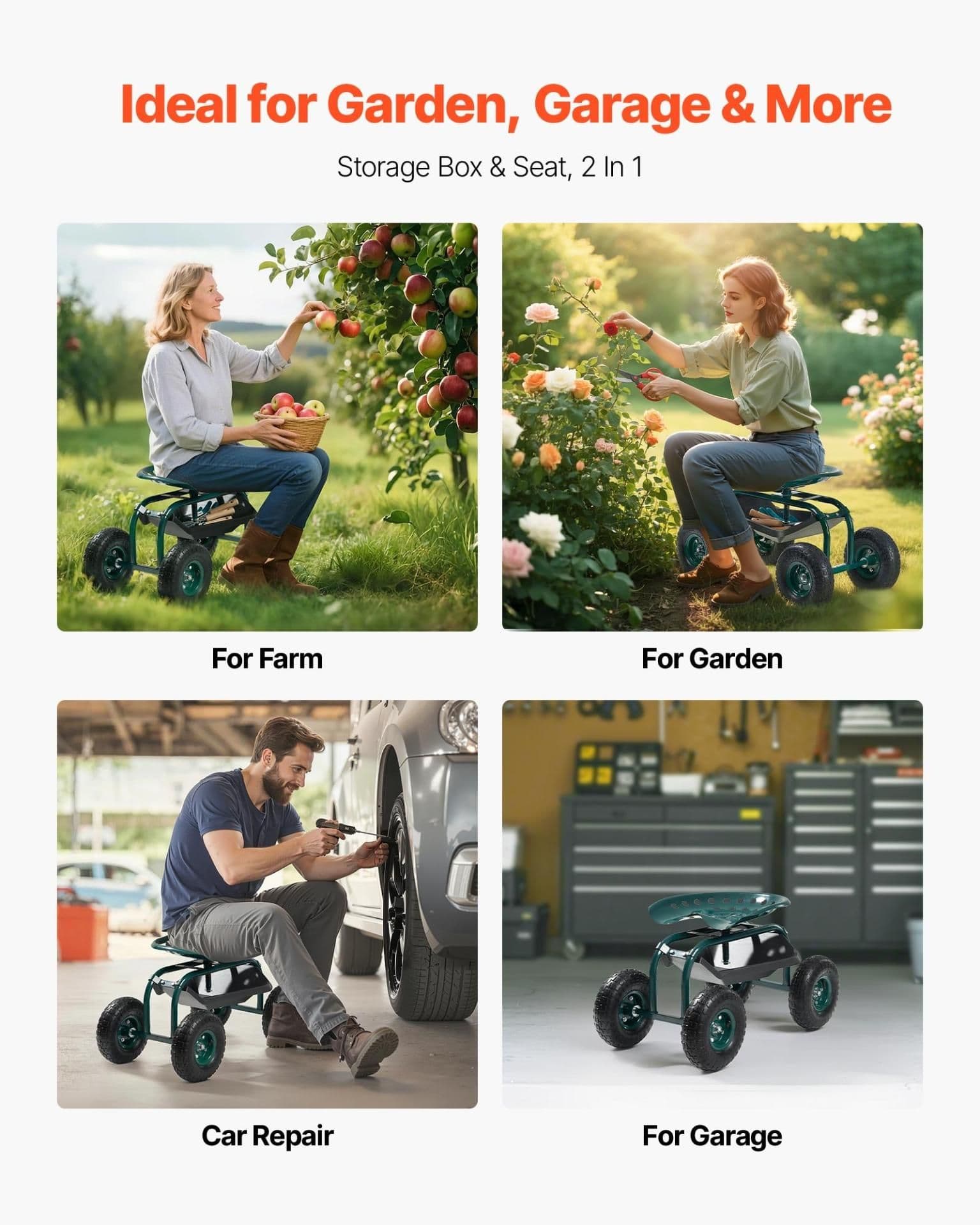 image-VEVOR Rolling Garden Cart with Swivel Seat, Heavy Duty Garden Seat with Storage Basket & Tool Tray, 300 lbs Weight Capacity, Outdoor Utility Gardening Stool Scooter for Lawn Yard Planting Weeding
