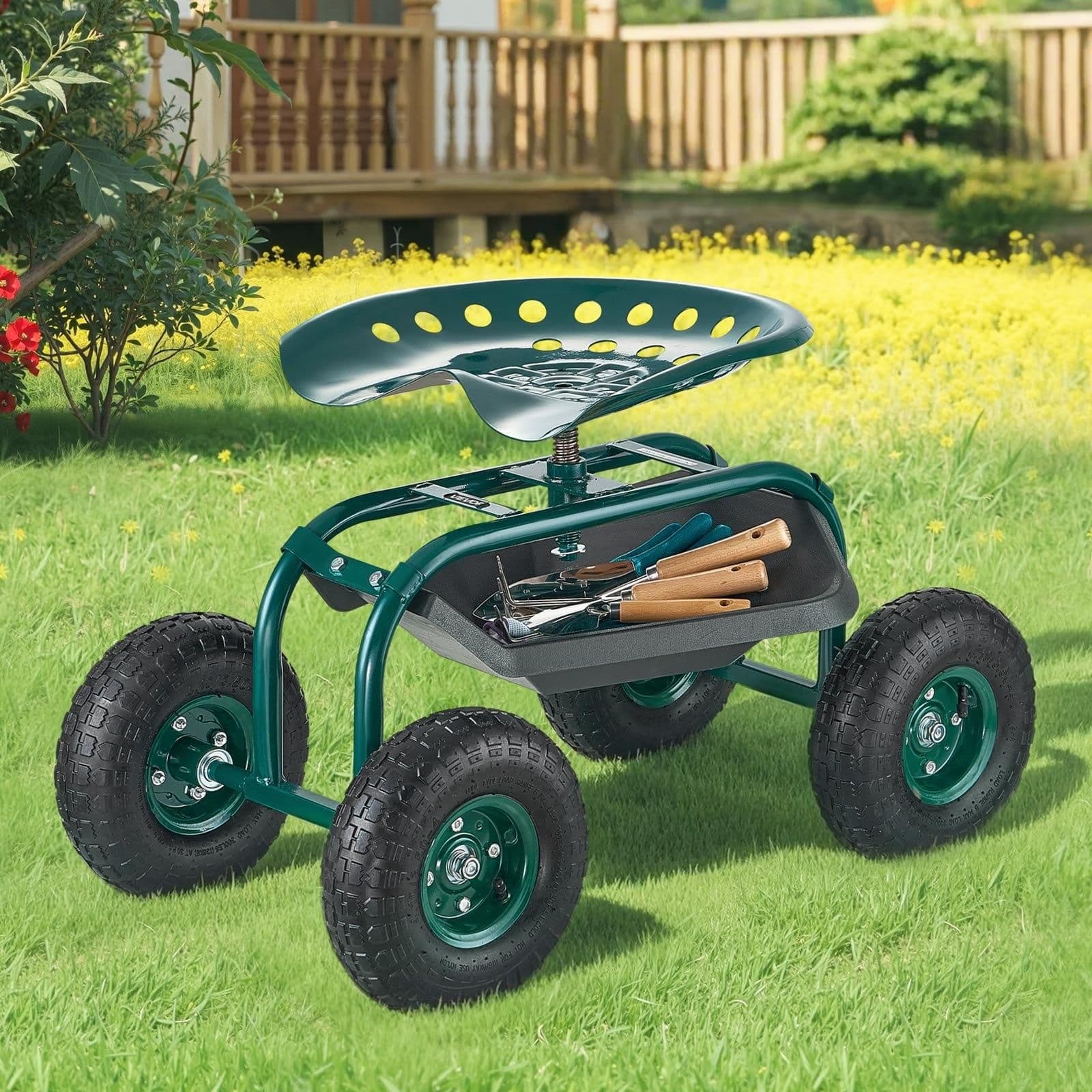image-VEVOR Rolling Garden Cart with Swivel Seat, Heavy Duty Garden Seat with Storage Basket & Tool Tray, 300 lbs Weight Capacity, Outdoor Utility Gardening Stool Scooter for Lawn Yard Planting Weeding