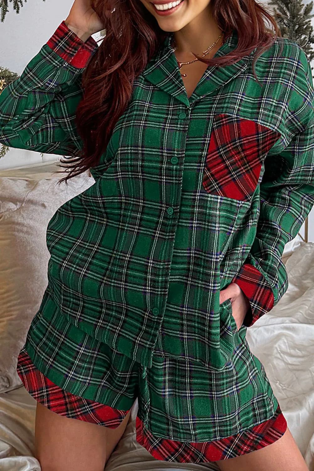 image-Green Plaid Contrast Patched Christmas Holiday Long Sleeve Shirt and Short 2pcs Pajama Set
