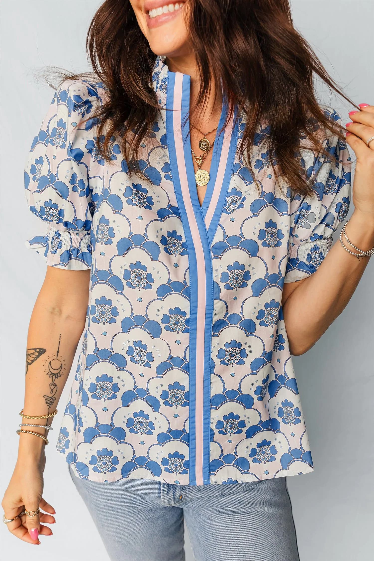 image-Sky Blue Floral Print Flounced Short Sleeve Contrast Trim V Neck Blouse
