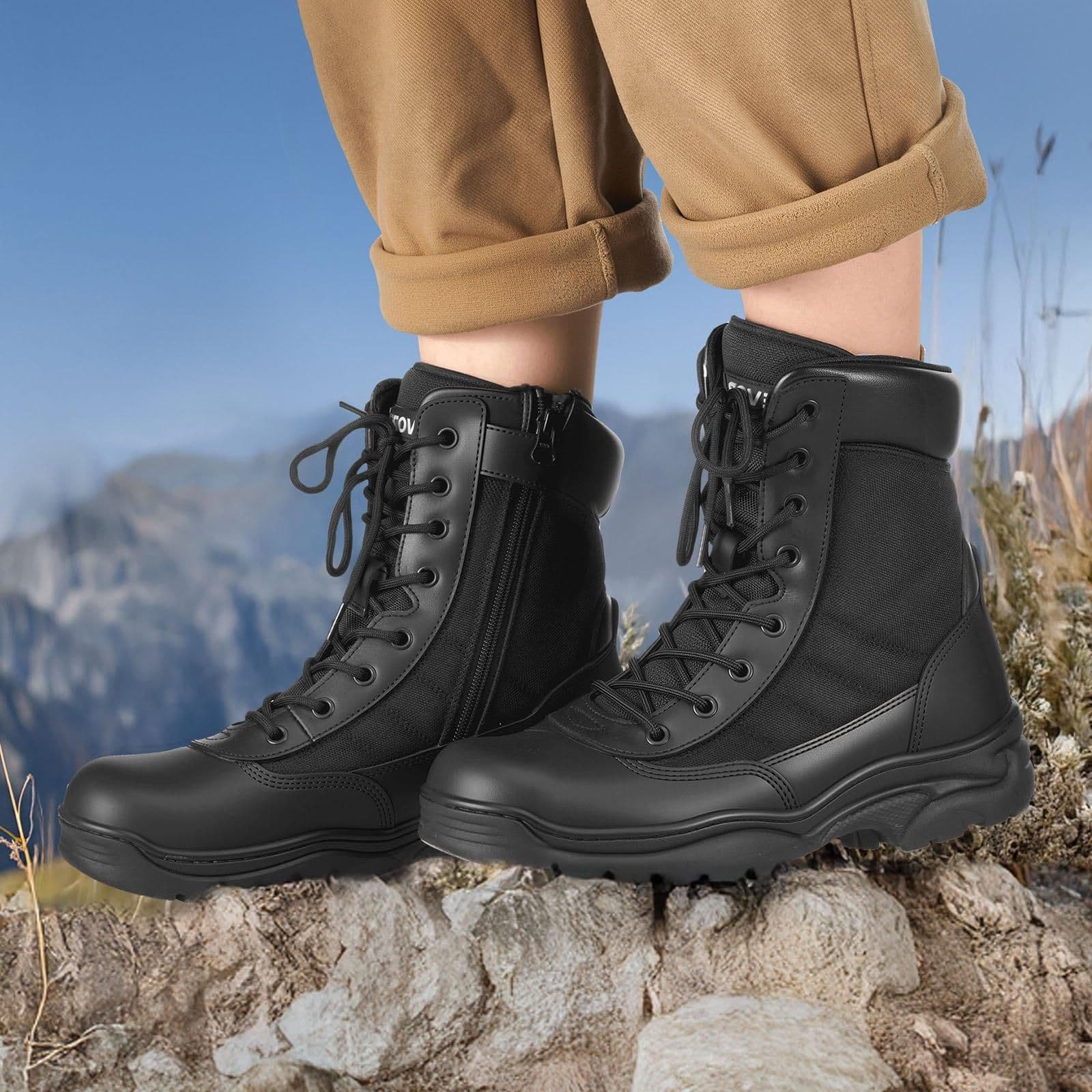 image-VEVOR Men's Military Tactical Boots, 8 inch Combat Hiking Work Boots, Lightweight & Breathable Side Zipper Mens Motorcycle Interceptor Trooper Boot, for Outdoor Security Mountaineering, US Size 9