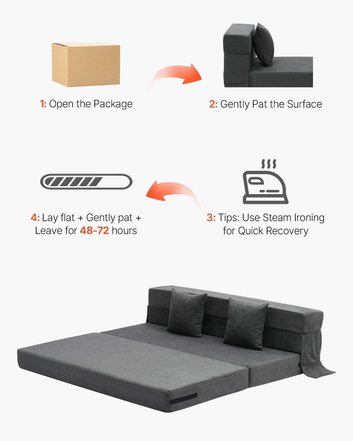 image-VEVOR Folding Sofa Bed, 3-in-1 Foldable Couch Bed with 2 Pillows and Washable Cover, 25D High Density Memory Foam Convertible Sleeper Chair Bed, Futon Couch for Living Room, Bedroom, Dark Grey(Queen)