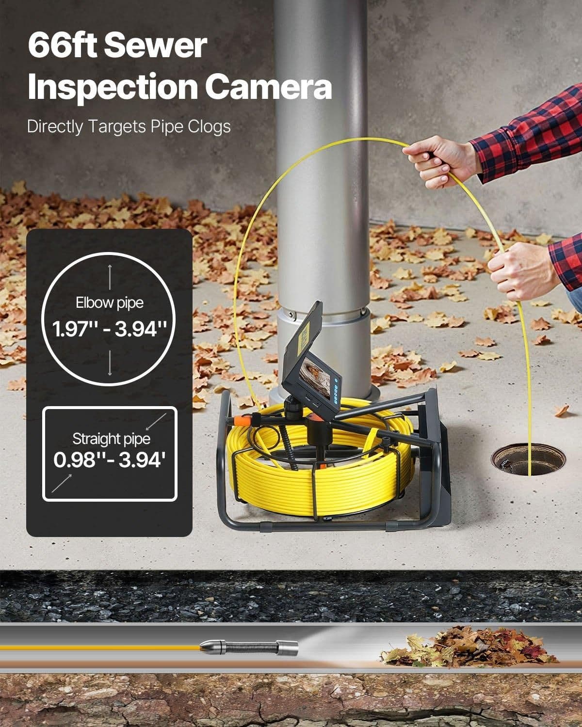 image-VEVOR Sewer Camera, 164ft/50M 4.3" Pipe Drain Inspection Camera with DVR Function & Snake Cable, Waterproof IP68 Borescope w/LED Lights, Industrial Endoscope for Home Wall Duct Drain Pipe Plumbing
