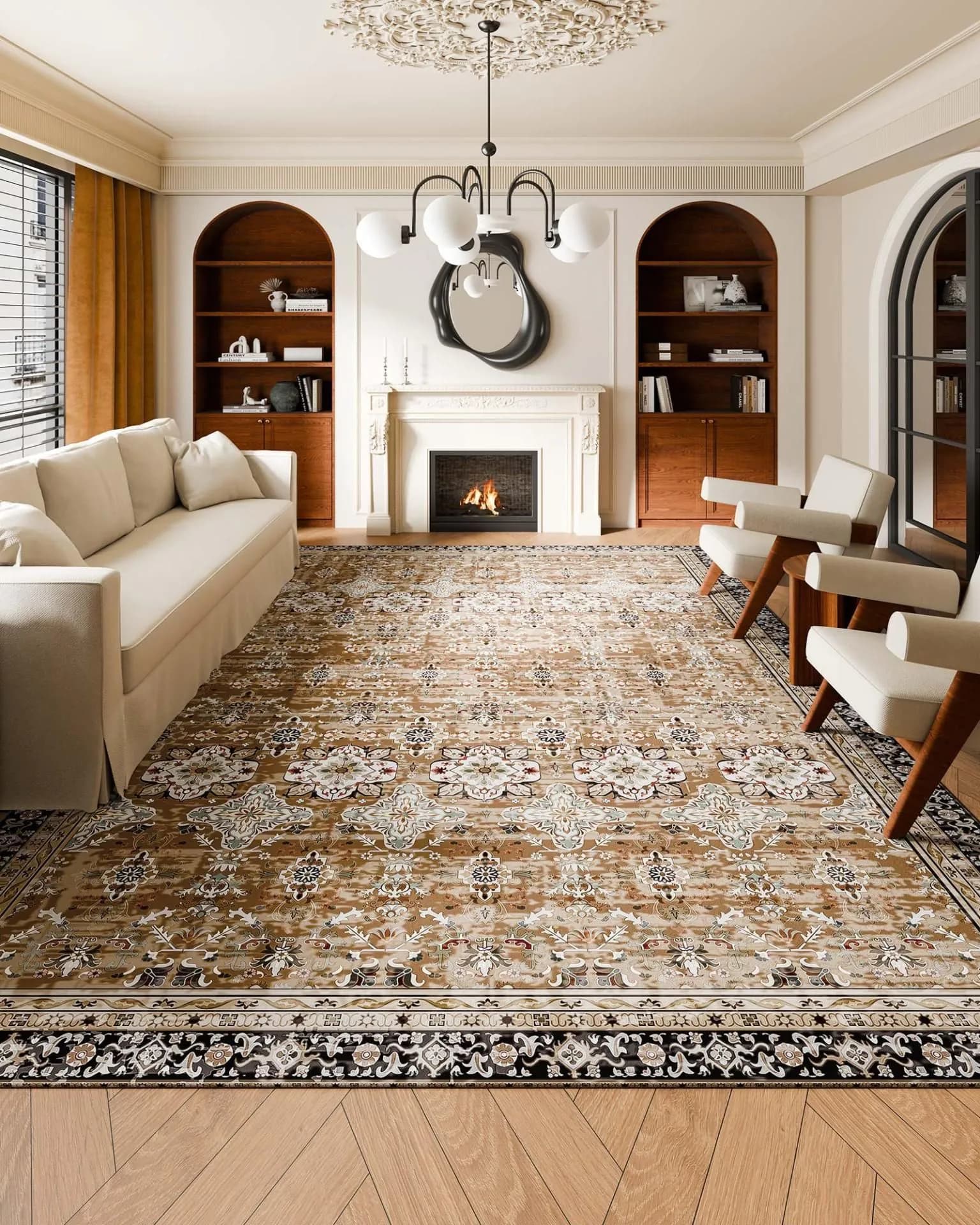 image-VEVOR Area Rug, 9 x 12 ft Large Washable Rug, Non-Slip and Tear-Resistant Soft Carpet, Pet & Child Friendly Vintage Area Rugs, Indoor Mat for Bedroom, Living Room, Kids Room, Office, Brown Green