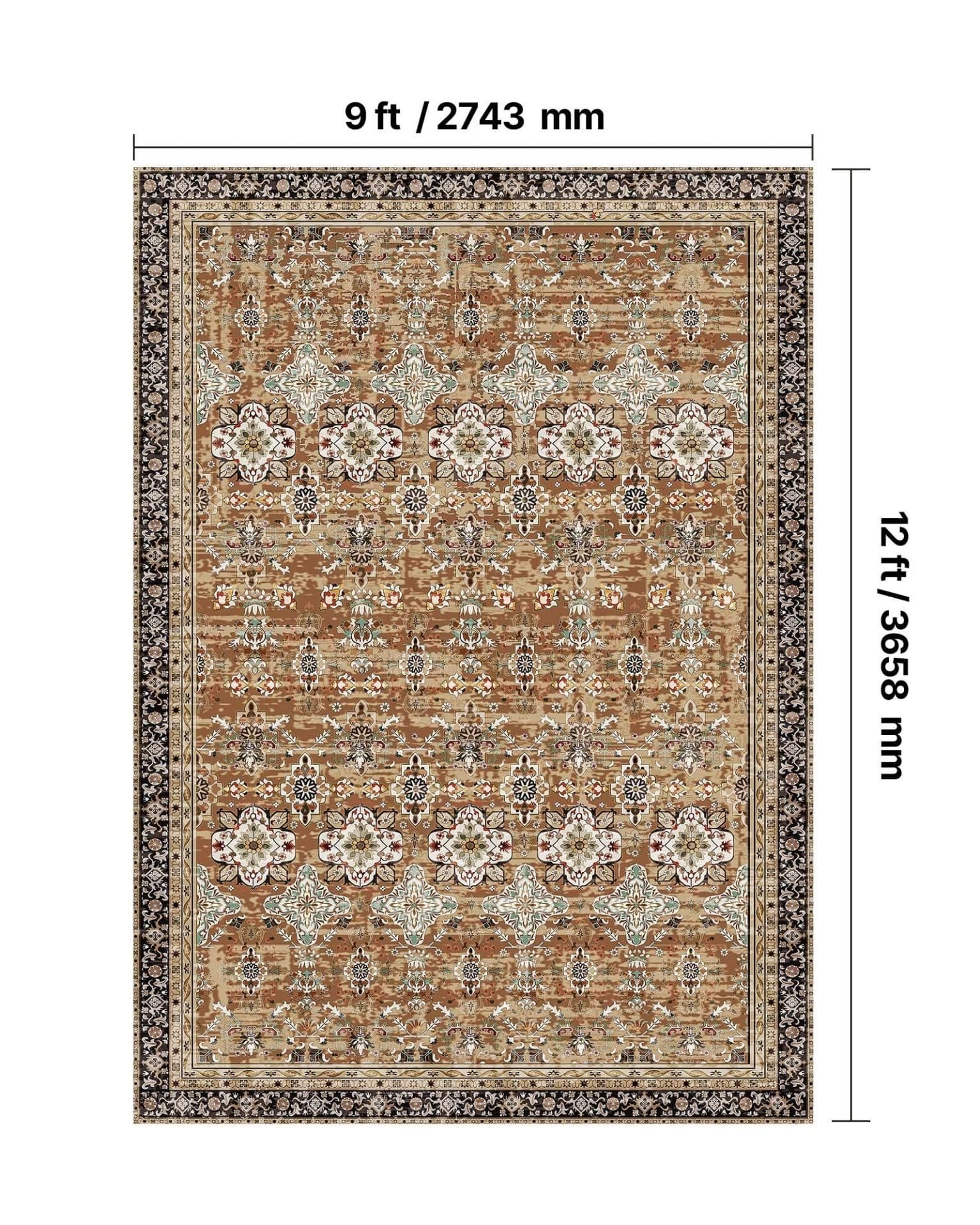 image-VEVOR Area Rug, 9 x 12 ft Large Washable Rug, Non-Slip and Tear-Resistant Soft Carpet, Pet & Child Friendly Vintage Area Rugs, Indoor Mat for Bedroom, Living Room, Kids Room, Office, Brown Green