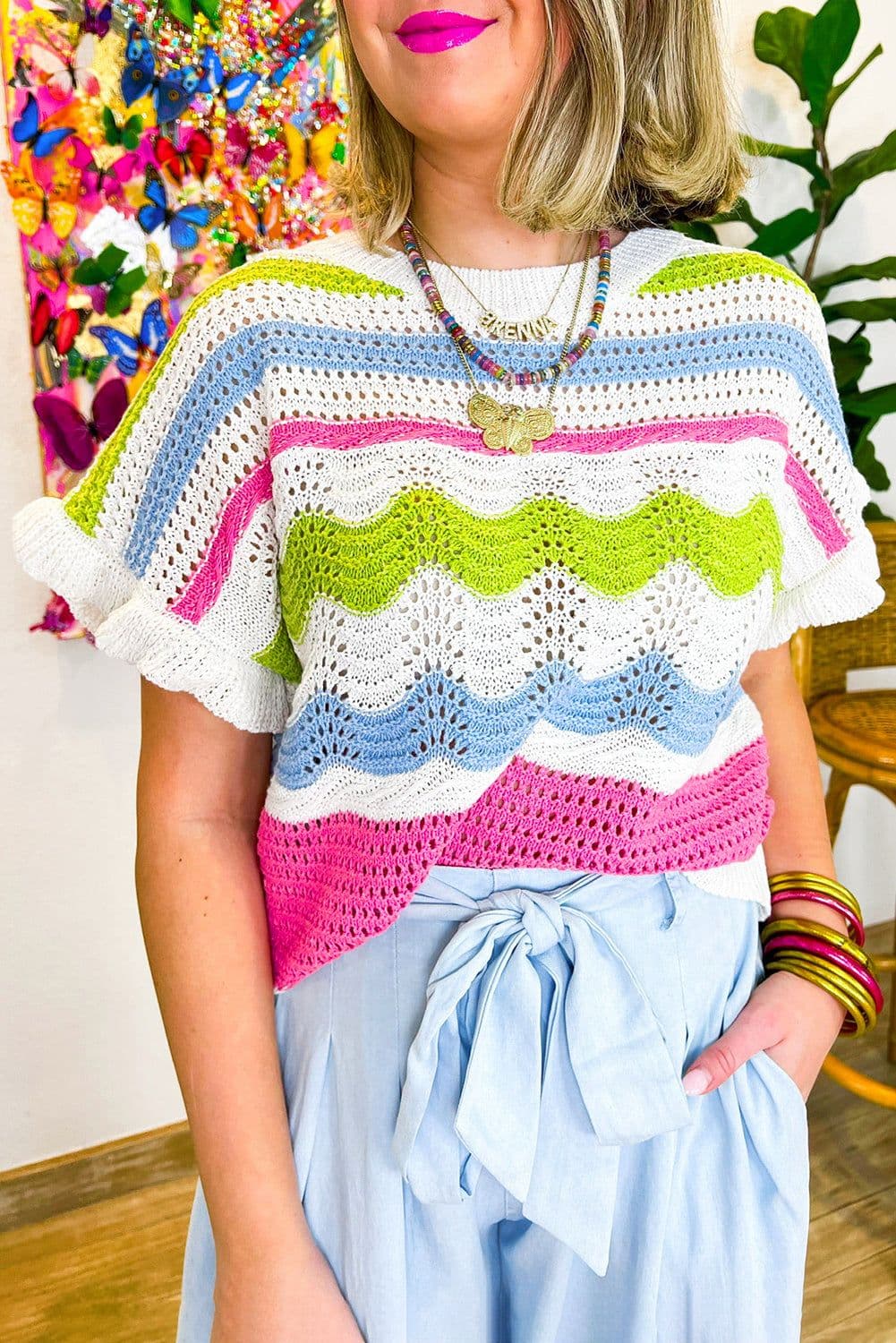 image-White Colorblock Crochet Knit Ruffled Short Sleeve Top