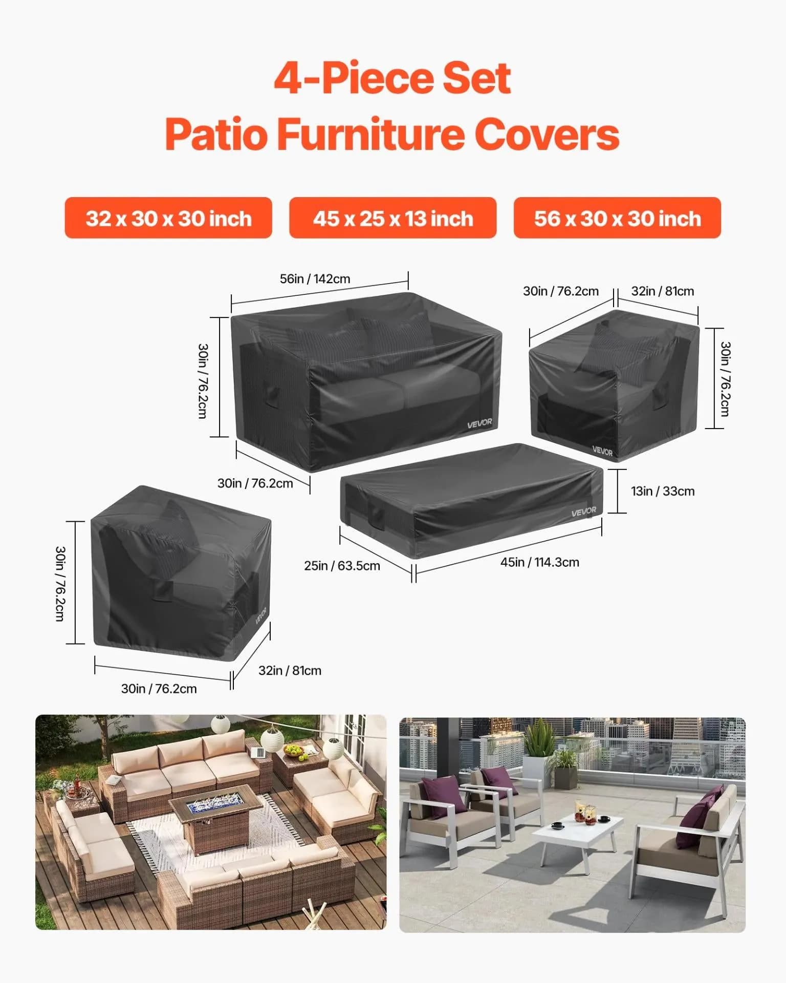 image-VEVOR Patio Furniture Cover 4-Piece Set, 420D Heavy Duty Waterproof Outdoor Dining Table and Chairs Cover Set, Lawn Patio Furniture Covers for Outdoor Sofa, Couch, Chairs, Coffee Table, Black