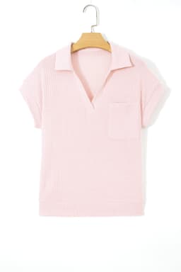 image-Light Pink Collared V Neck Ribbed Tee