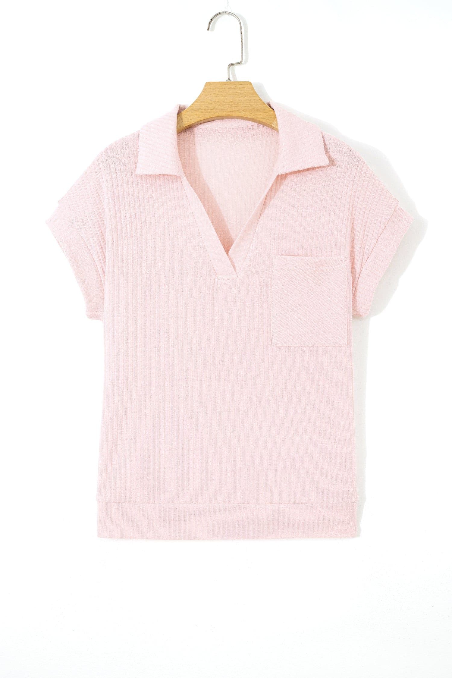image-Light Pink Collared V Neck Ribbed Tee