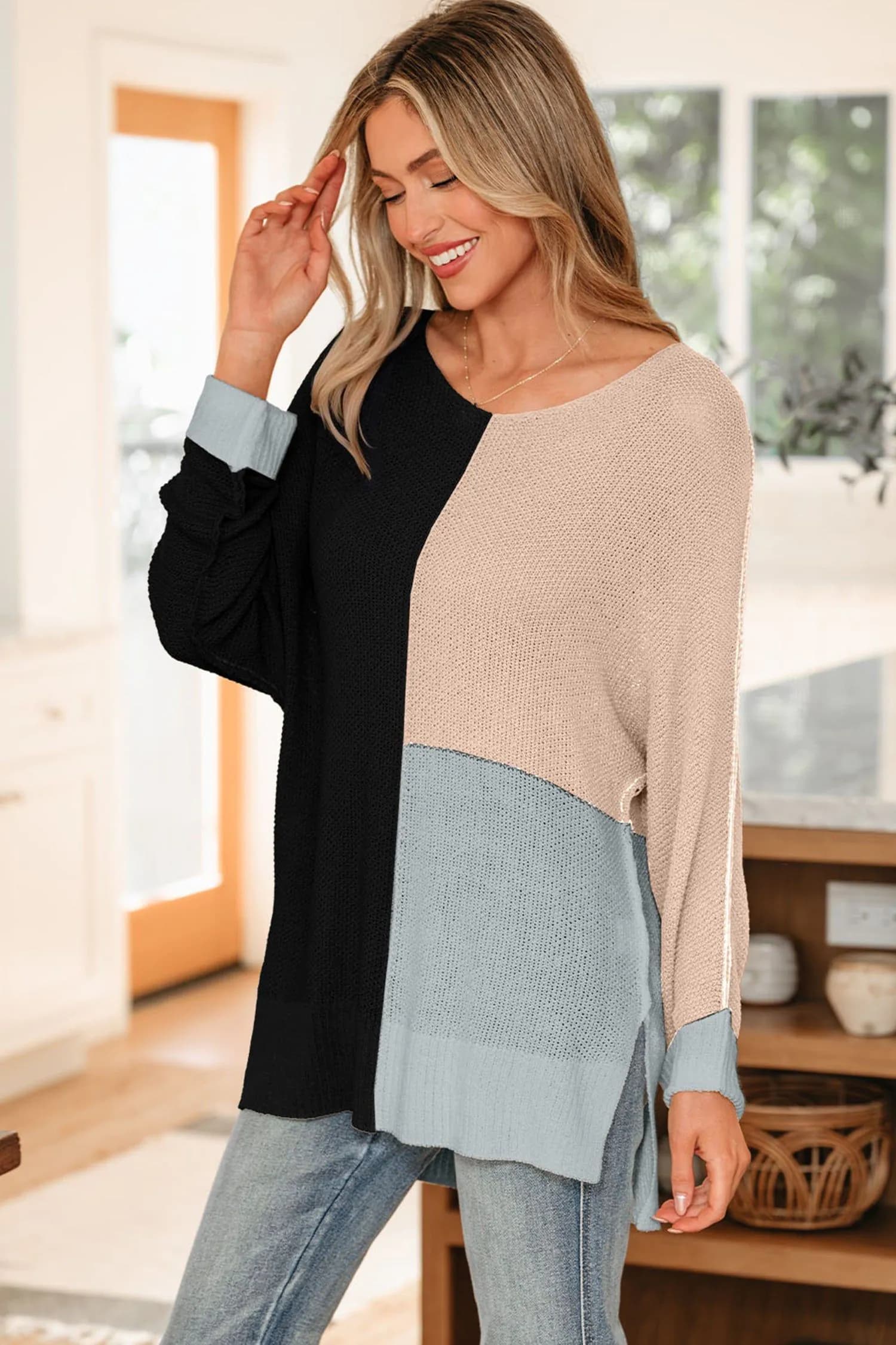 image-Evergreen Color Block Knit V Neck Sweater