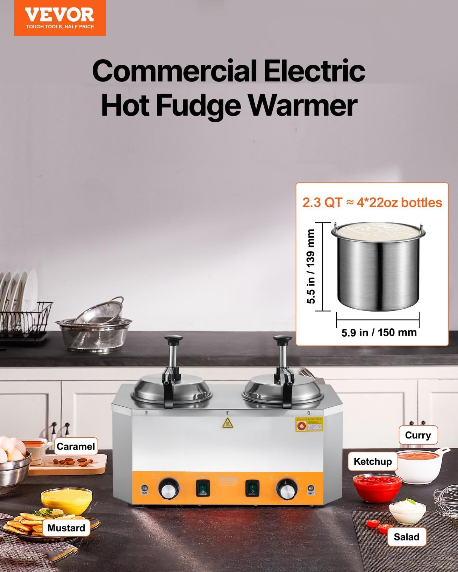 image-VEVOR Electric Cheese Dispenser with Pumps, 2.4x2 L Commercial Hot Fudge Warmer, Stainless Steel Heated Double Pumps Dispenser, 86-230℉ Temp Adjustable Nacho Cheese Warmer for Fudge Cheese Caramel