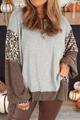 image-Gray Plus Size Leopard Color Block Dolman Sweatshirt