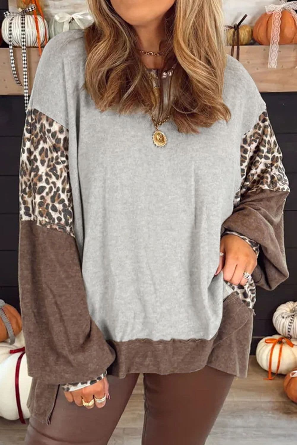 image-Gray Plus Size Leopard Color Block Dolman Sweatshirt