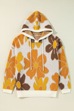 image-White Floral Knitted Hooded Plus Size Sweater