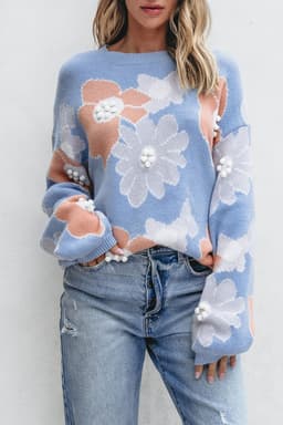image-Beau Blue Floral O-Neck Drop Shoulder Sweater