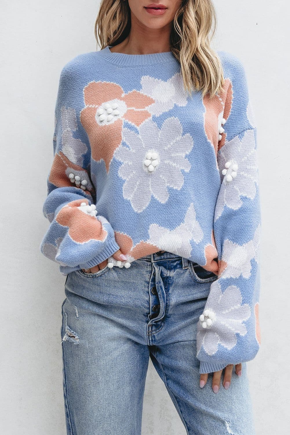 image-Beau Blue Floral O-Neck Drop Shoulder Sweater