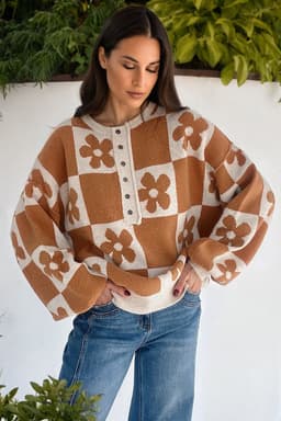 image-Thai Curry Flower Plaid Henley Baggy Sweater