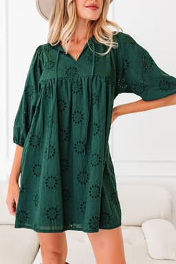 image-Blackish Green Embroidered Eyelet Puffy Sleeve Mini Dress