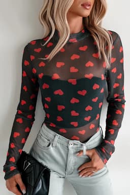 image-Black Valentines Heart Printed Sheer Mesh Long Sleeve Top