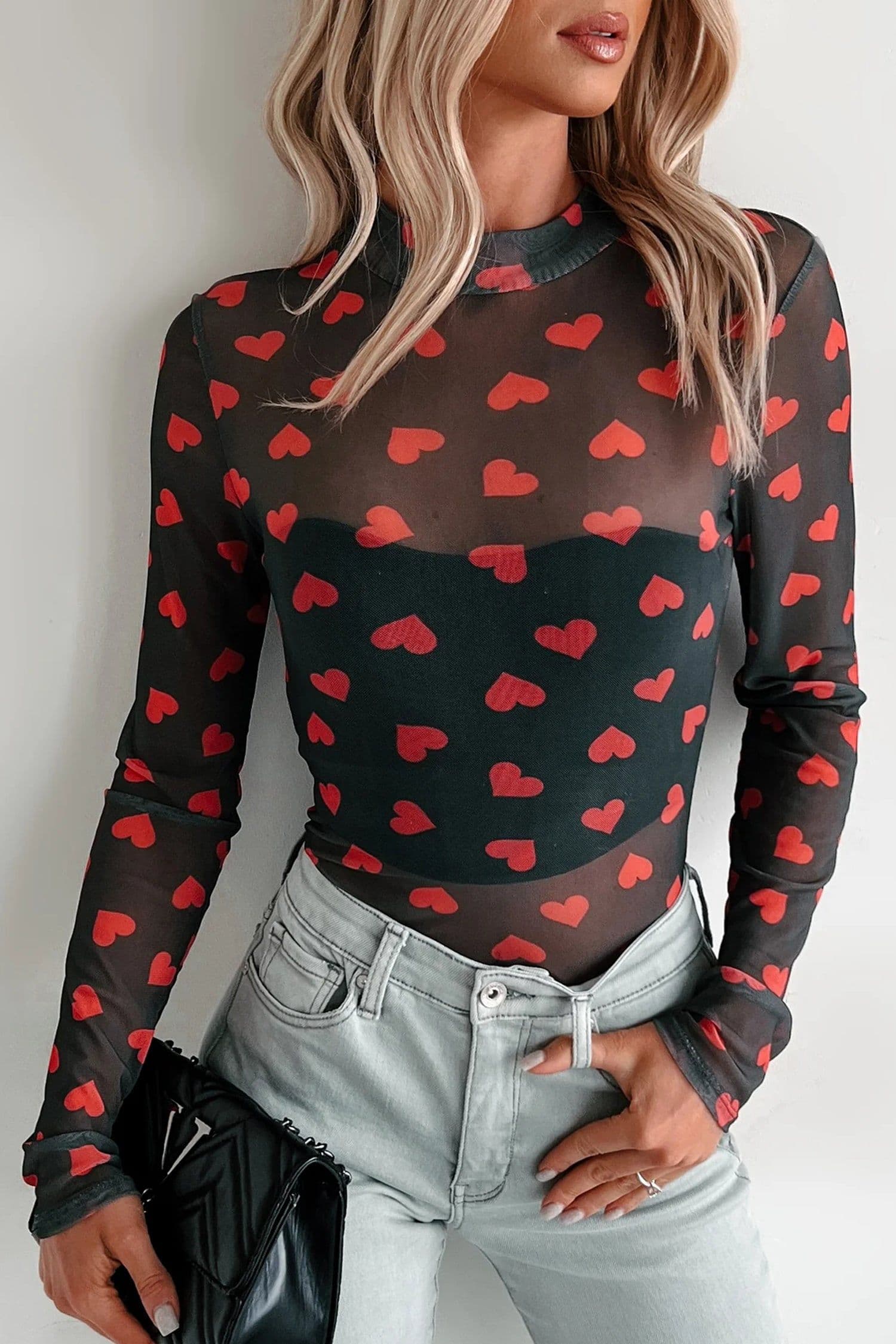 image-Black Valentines Heart Printed Sheer Mesh Long Sleeve Top