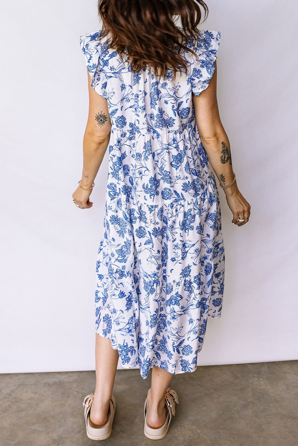 image-Blue Ruffled Short Sleeve Tiered Floral Midi Dress