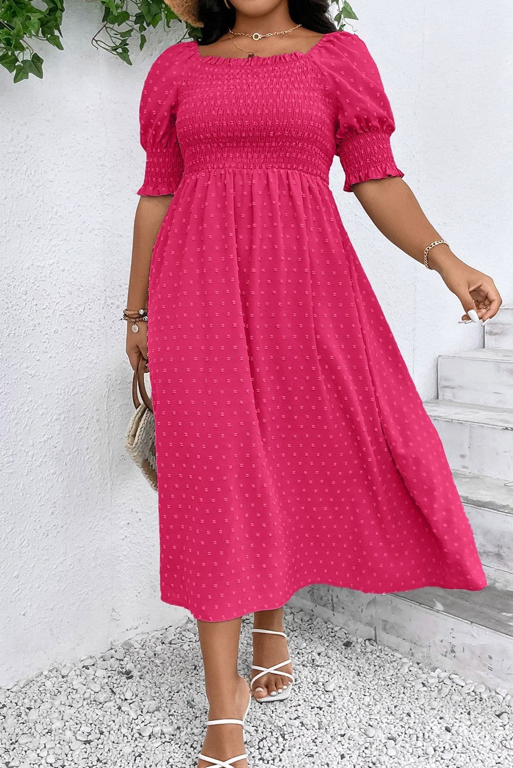 image-Plus Size Wisteria Swiss Dot Smocked Frilled Dress - Elegant