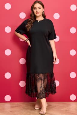 image-Black Plus Size Lace Hem Midi T-Shirt Dress