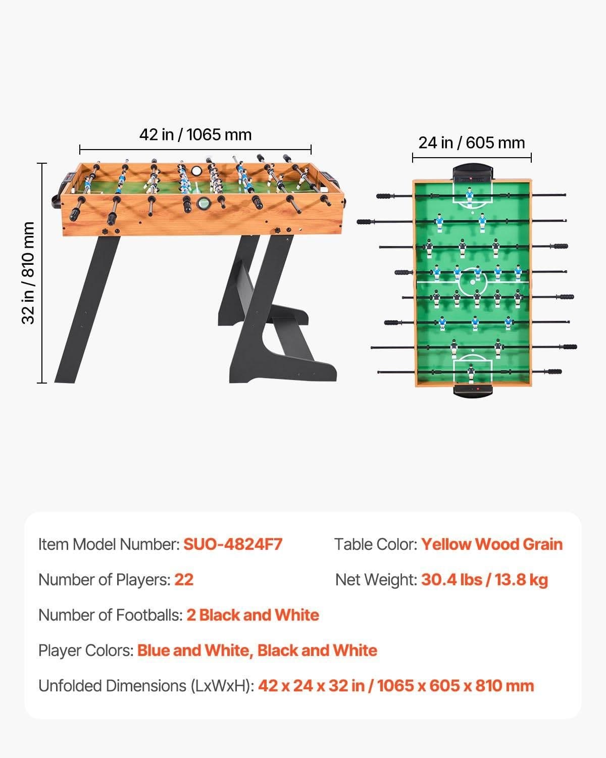 image-VEVOR Folding Foosball Table, 42 inch Standard Size Table, Indoor Full Size Foosball Tables for Home, Family, and Game Room, Durable Soccer Set, Includes 2 Balls