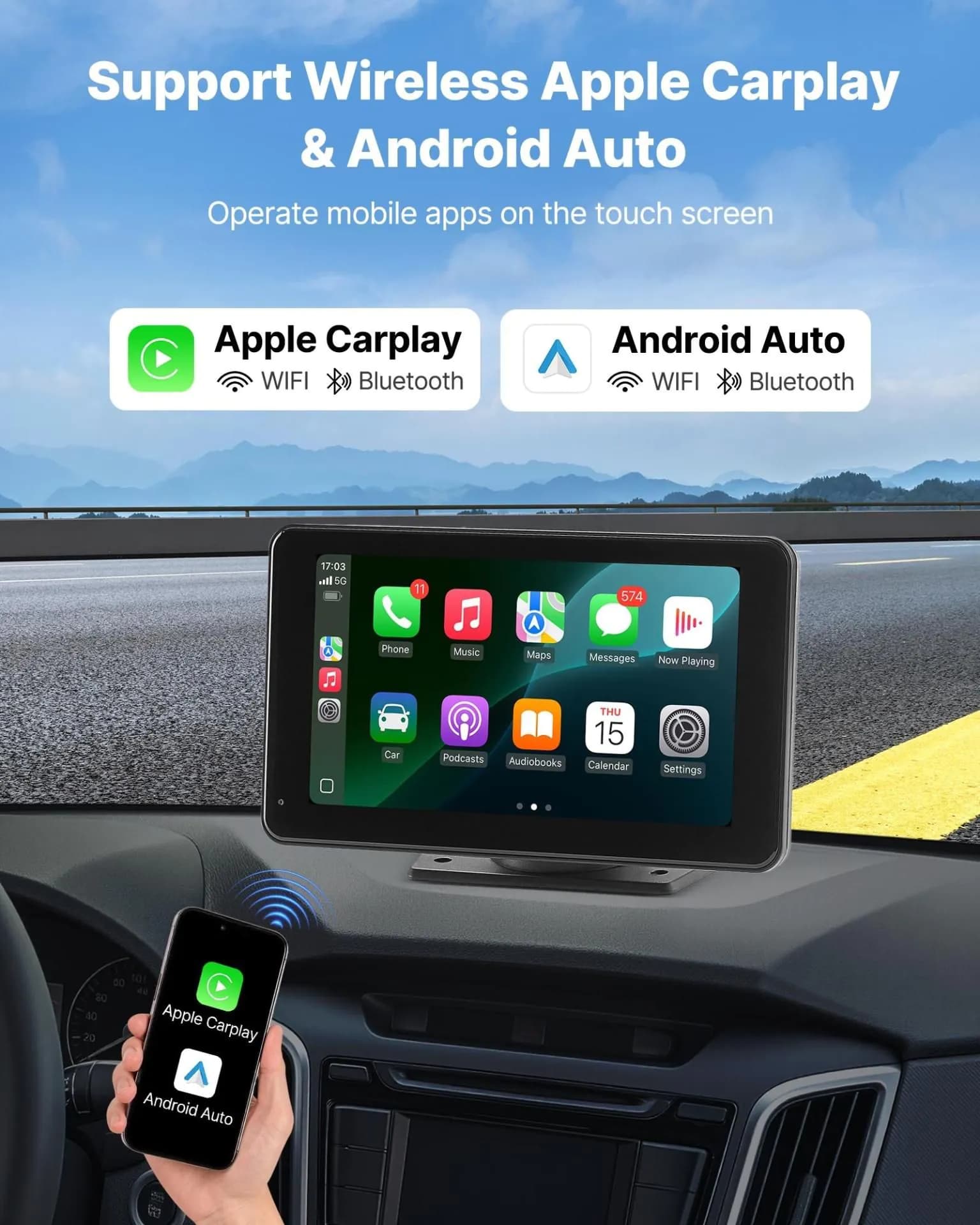 image-VEVOR Wireless Car Stereo, 7-Inch HD Portable Radio Touch Screen Compatible with Apple CarPlay & Android Auto, CarPlay Screen with Backup Camera, Voice Control, Mirror Link, Bluetooth, GPS Navigation