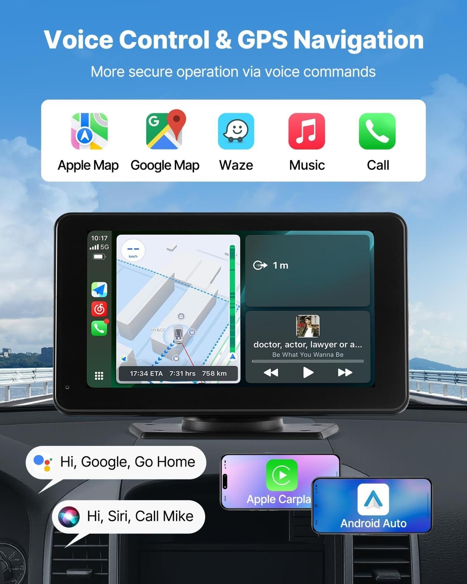 image-VEVOR Wireless Car Stereo, 7-Inch HD Portable Radio Touch Screen Compatible with Apple CarPlay & Android Auto, CarPlay Screen with Backup Camera, Voice Control, Mirror Link, Bluetooth, GPS Navigation
