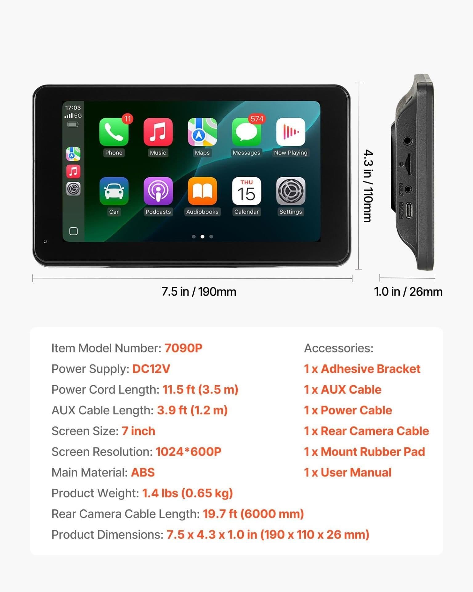 image-VEVOR Wireless Car Stereo, 7-Inch HD Portable Radio Touch Screen Compatible with Apple CarPlay & Android Auto, CarPlay Screen with Backup Camera, Voice Control, Mirror Link, Bluetooth, GPS Navigation