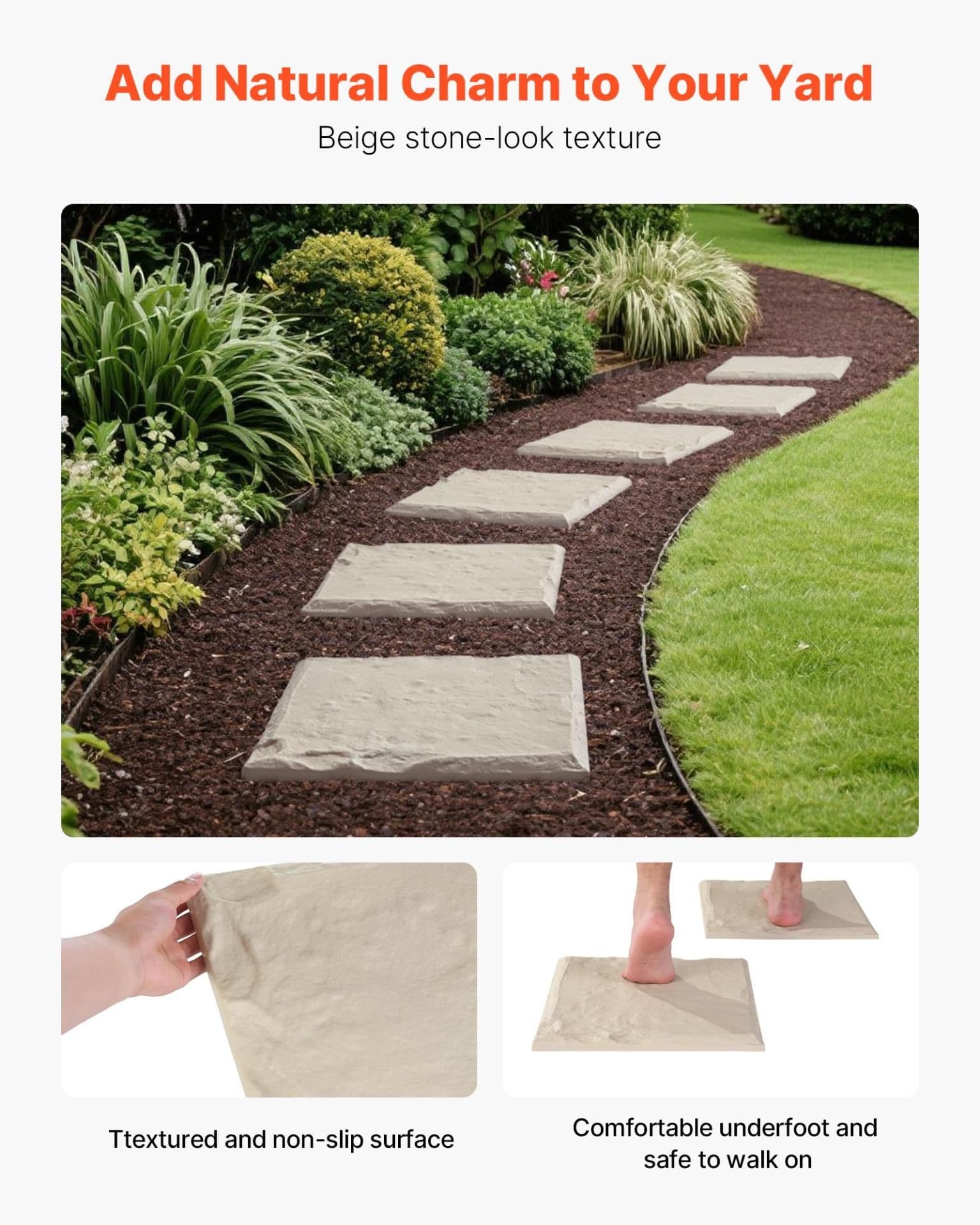 image-VEVOR Garden Stepping Stones, 16Pcs 15.5 x 15.5 in, Decorative Stepping Stones with Stakes, Weather-Resistant Plastic Pathway Pavers, Smooth Surface, Outdoor Walkway for Lawn Patio Landscape, Beige