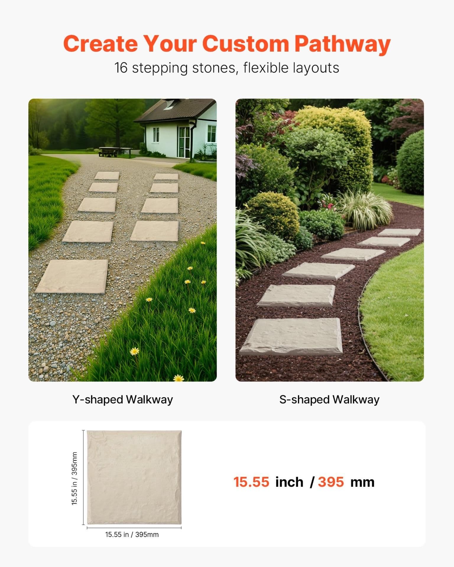 image-VEVOR Garden Stepping Stones, 16Pcs 15.5 x 15.5 in, Decorative Stepping Stones with Stakes, Weather-Resistant Plastic Pathway Pavers, Smooth Surface, Outdoor Walkway for Lawn Patio Landscape, Beige