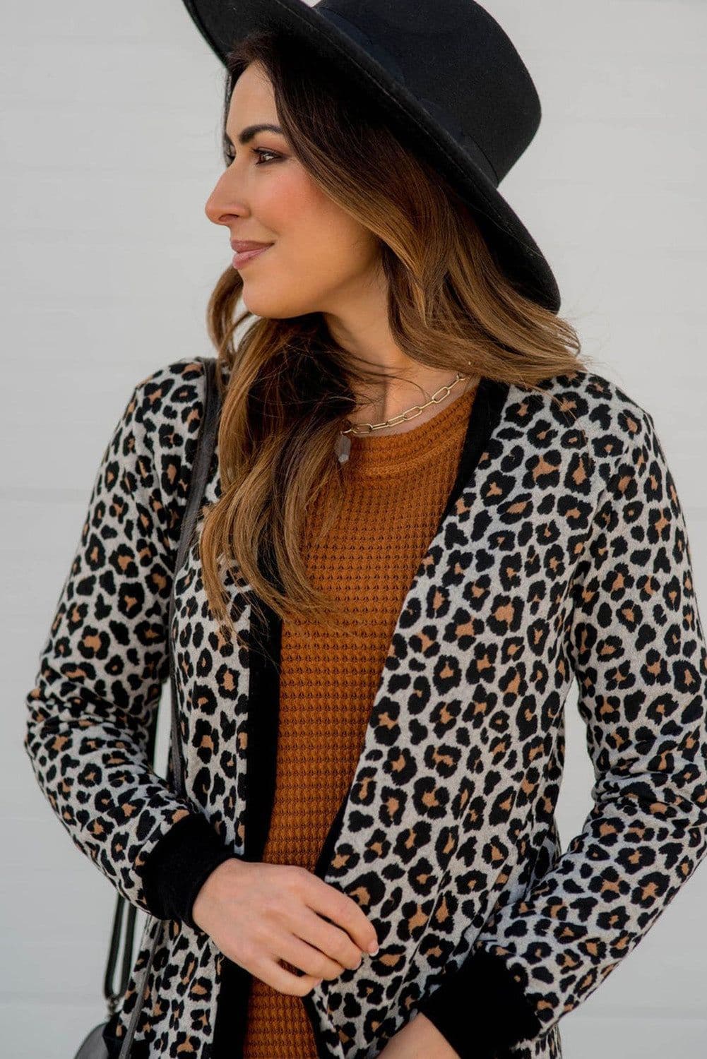 image-Leopard Patched Pocket Open Front Cardigan - Black