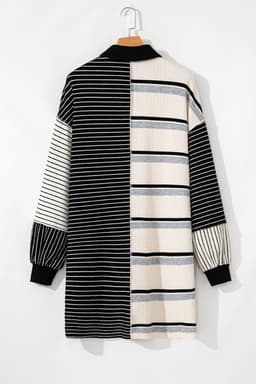 image-Black Stripe Knit Henley Collar Shift Dress - Long Sleeve, Mini Dress