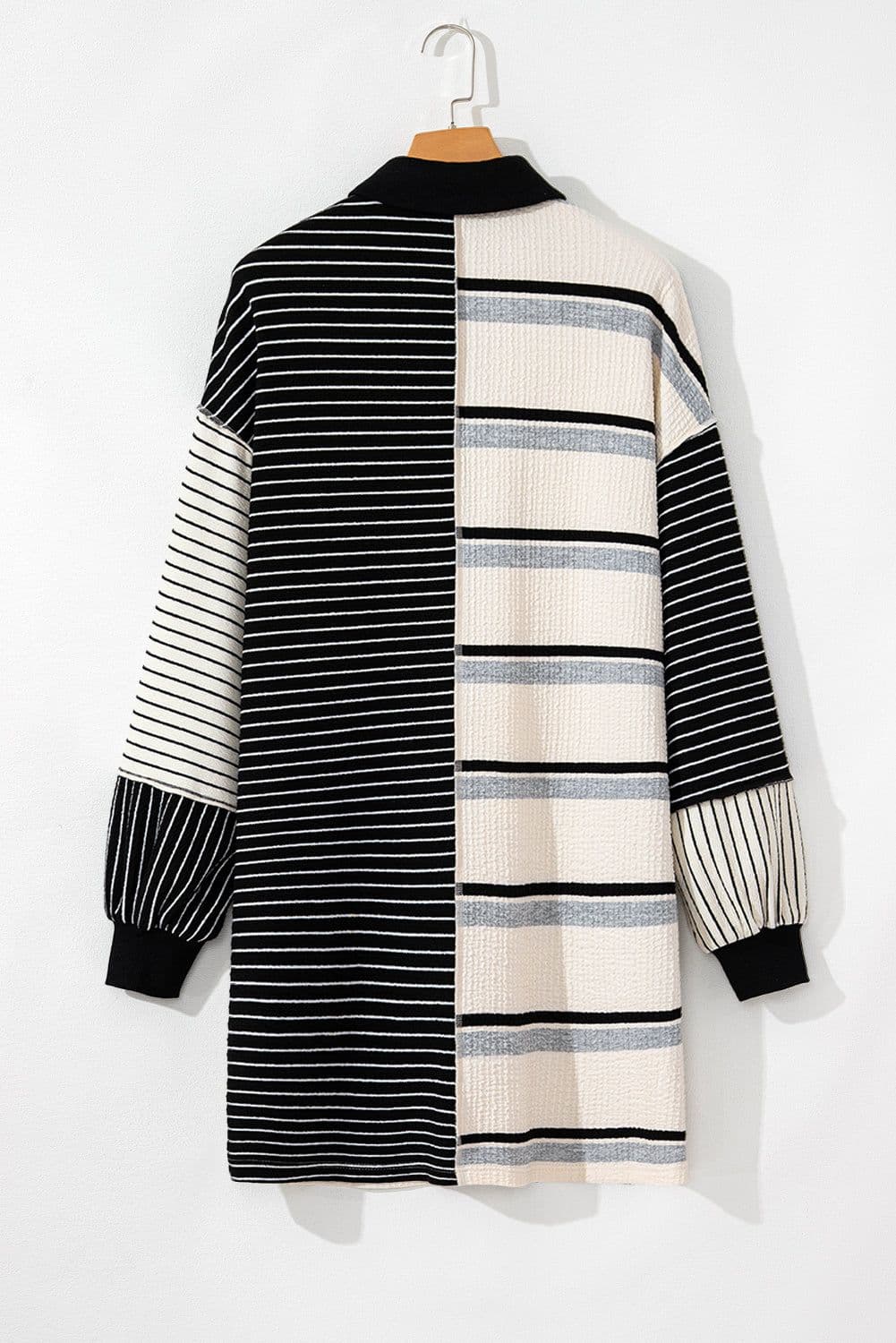 image-Black Stripe Knit Henley Collar Shift Dress - Long Sleeve, Mini Dress