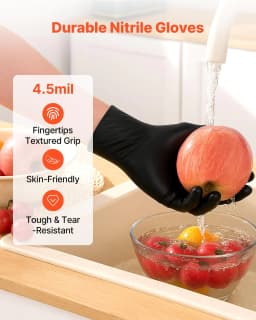 image-VEVOR Disposable Gloves, 4.5 Mil Black Nitrile Gloves with Textured Fingertips, Latex & Powder-Free, Food-Grade, Puncture Resistance, Ideal for Medical Exams, Cooking and Cleaning, 100 Count, Large