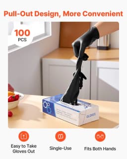 image-VEVOR Disposable Gloves, 4.5 Mil Black Nitrile Gloves with Textured Fingertips, Latex & Powder-Free, Food-Grade, Puncture Resistance, Ideal for Medical Exams, Cooking and Cleaning, 100 Count, Large