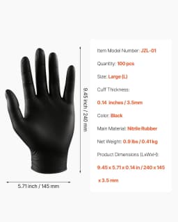 image-VEVOR Disposable Gloves, 4.5 Mil Black Nitrile Gloves with Textured Fingertips, Latex & Powder-Free, Food-Grade, Puncture Resistance, Ideal for Medical Exams, Cooking and Cleaning, 100 Count, Large