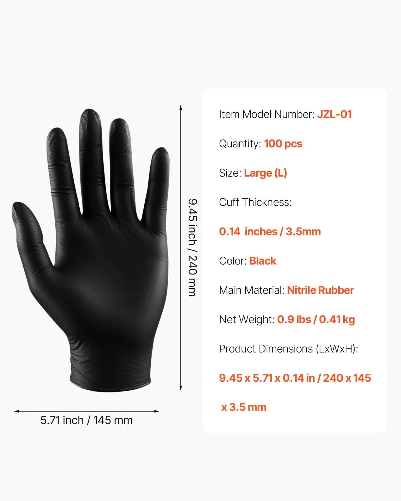 image-VEVOR Disposable Gloves, 4.5 Mil Black Nitrile Gloves with Textured Fingertips, Latex & Powder-Free, Food-Grade, Puncture Resistance, Ideal for Medical Exams, Cooking and Cleaning, 100 Count, Large