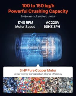 image-VEVOR Plastic Shredder Crusher, 3HP/2.2KW Plastic Bottle Grinder Granulator, 100-150kg/h Capacity Pulverizer Recycling Machine with Wheels, SDK-11 Blade & 6mm Mesh for PVC ABS PTFE (220V 60Hz 3-Phase)