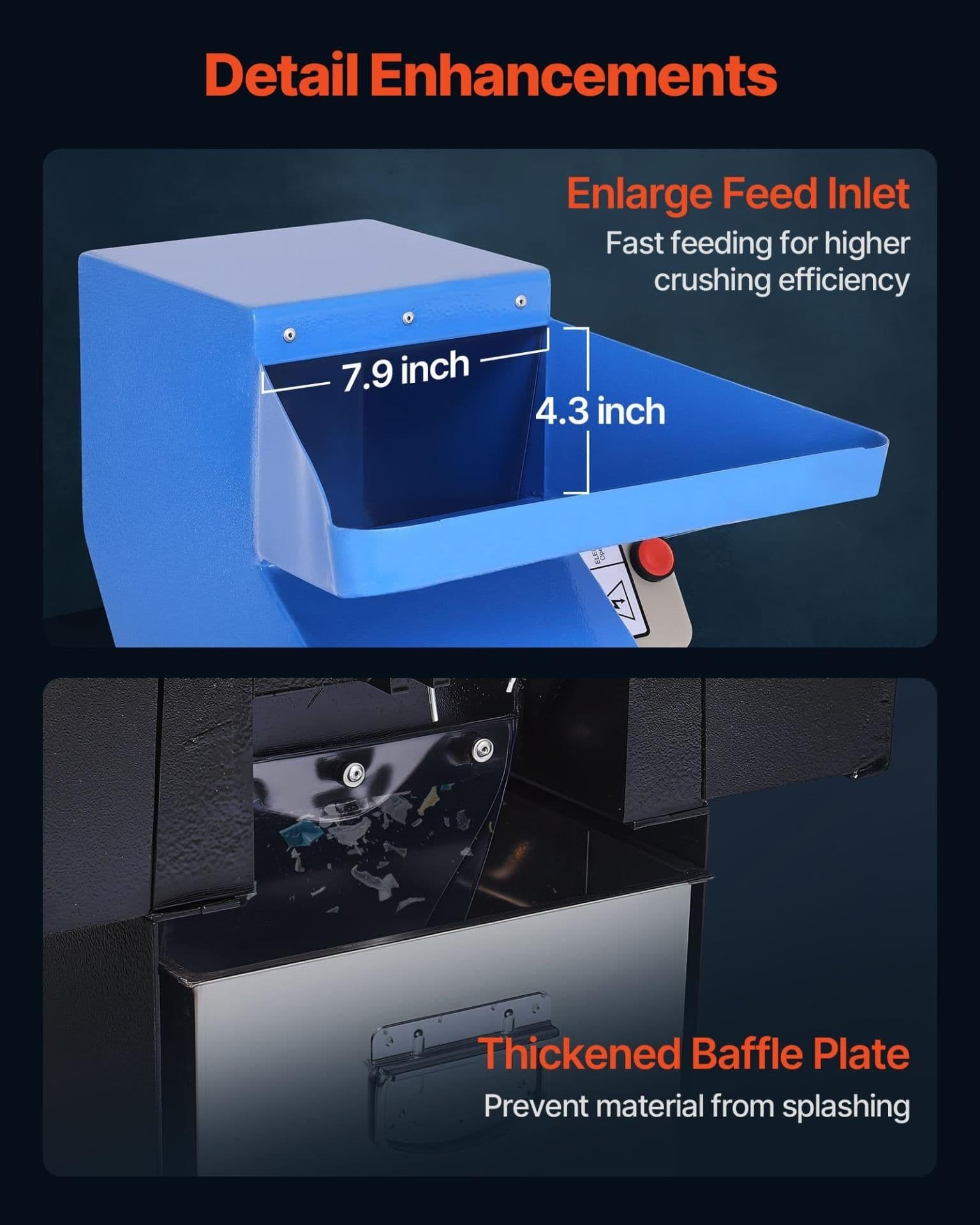 image-VEVOR Plastic Shredder Crusher, 3HP/2.2KW Plastic Bottle Grinder Granulator, 100-150kg/h Capacity Pulverizer Recycling Machine with Wheels, SDK-11 Blade & 6mm Mesh for PVC ABS PTFE (220V 60Hz 3-Phase)