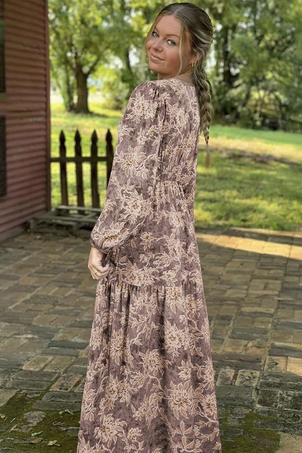 image-Sky Blue Floral Smocked High Waist Maxi Dress