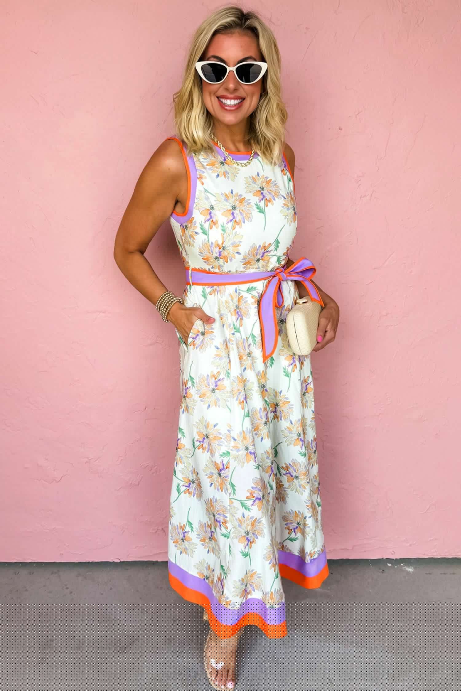 image-White Floral Print Color Block Maxi Dress Belted